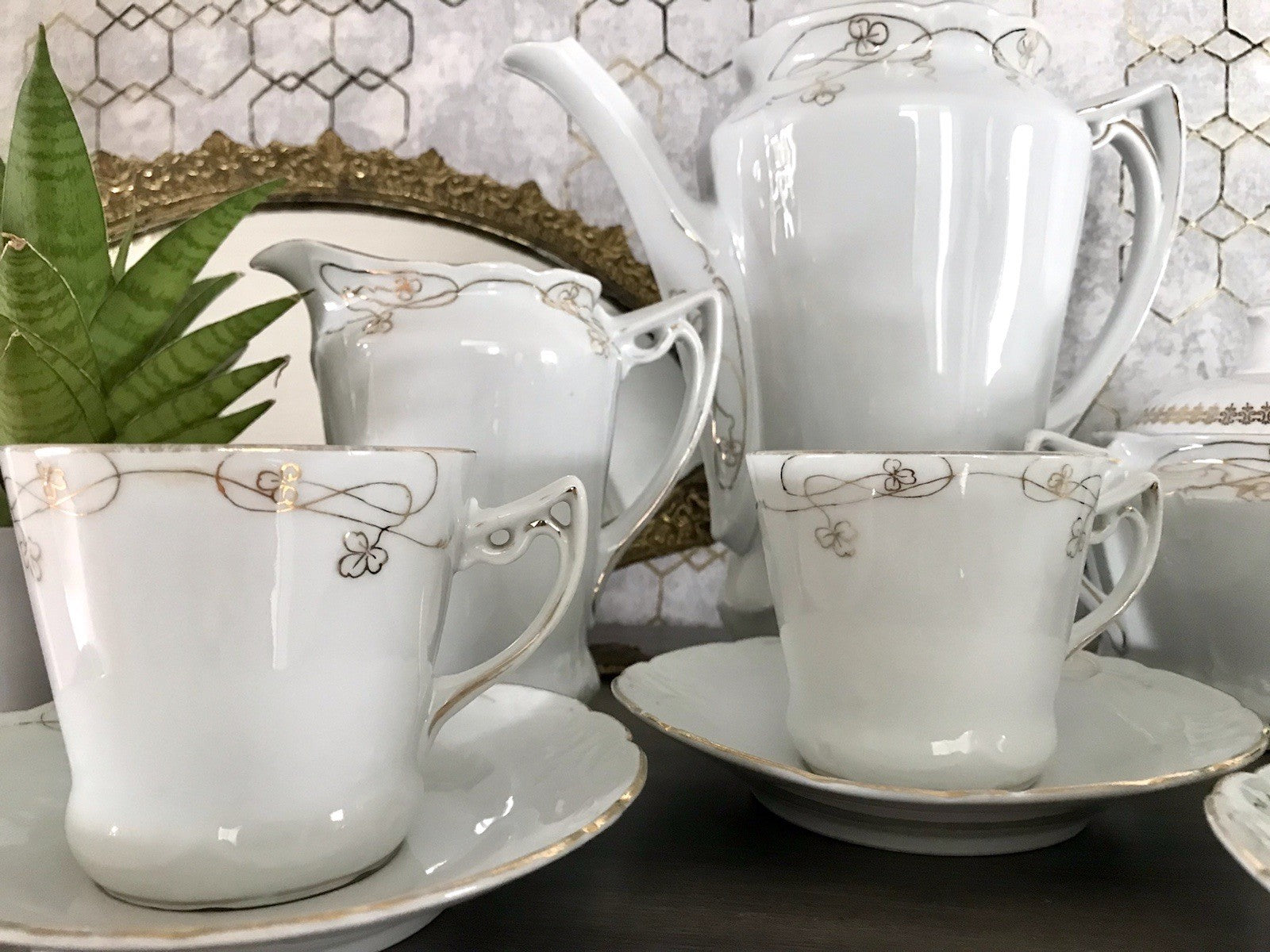 Antik reines Jugendstil Porzellan Kaffeeservice weiß gold 5 Pers. WOW!