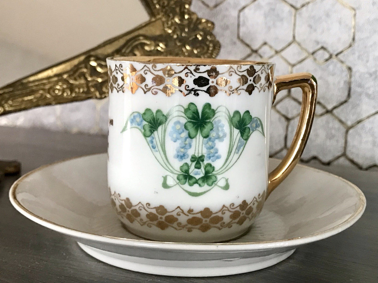 Antik Jugendstil Porzellan Andenken Gedeck Sammeltasse Tasse Geburtstag Spruch