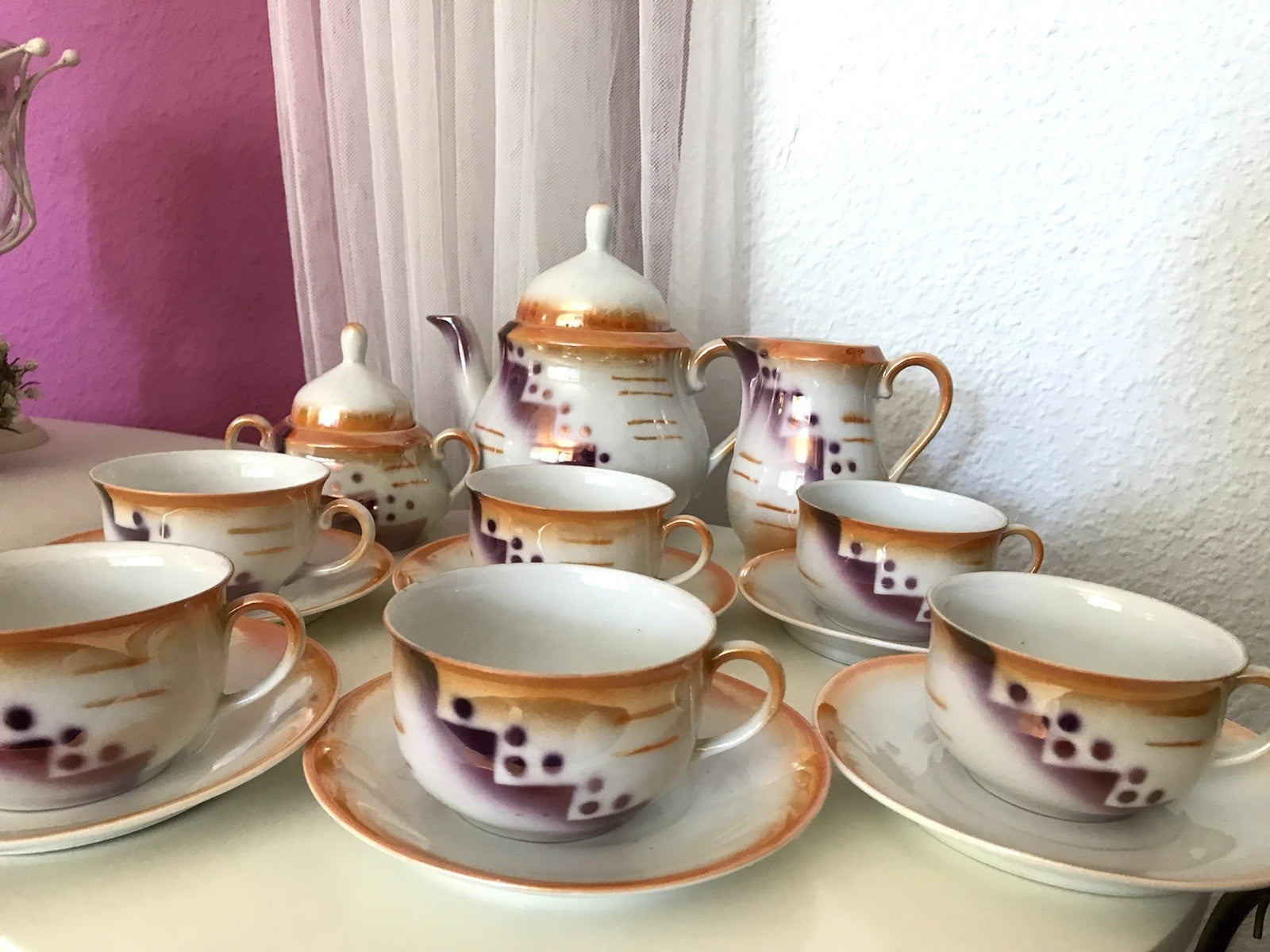 Antik Art Déco Porzellan Kaffeeservice Spritzdekor Teeservice 6 Pers.