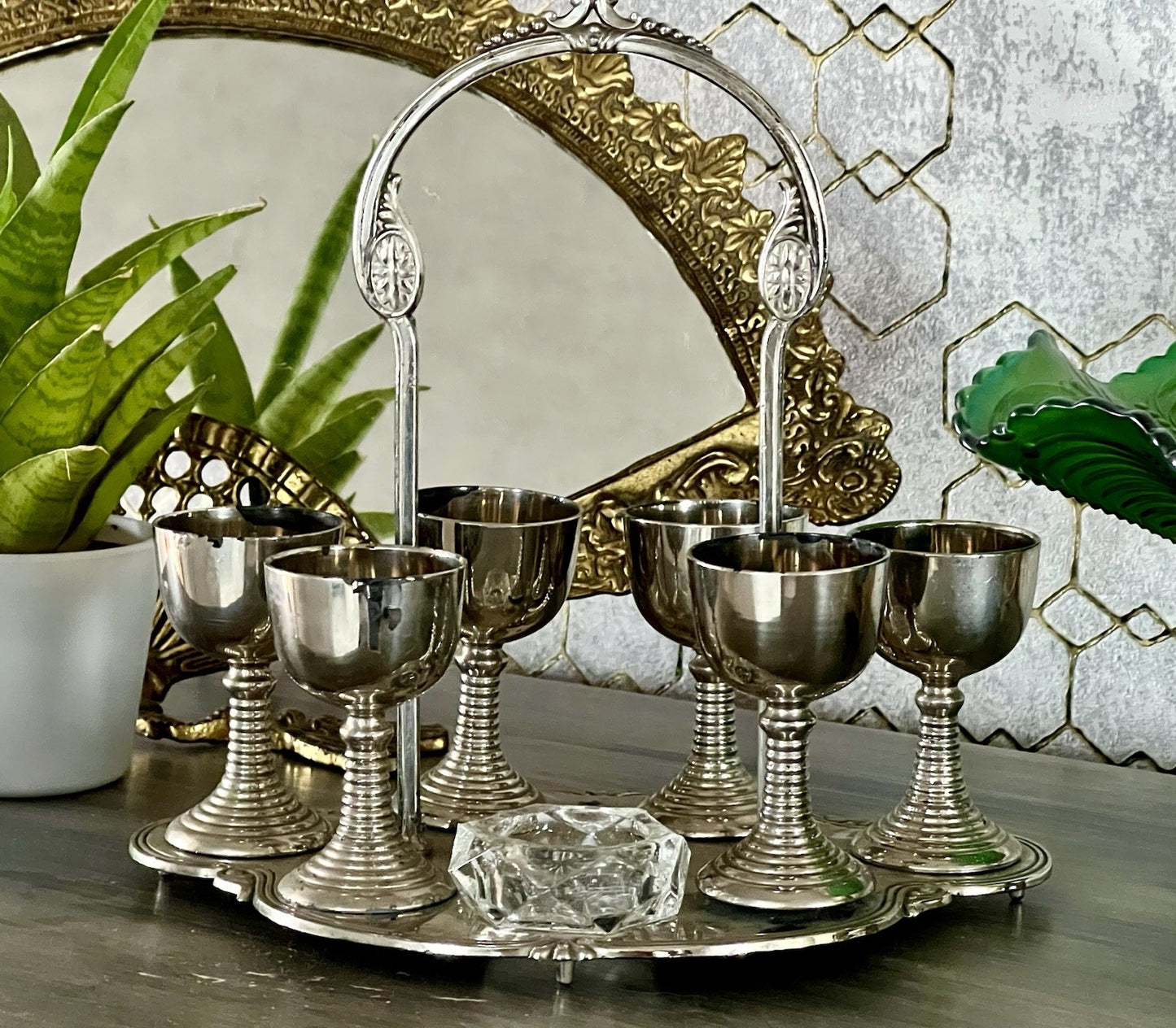 Antik Menage Eiermenage Frühstück Metallmontur Glaseinsatz 6 Eierbecher