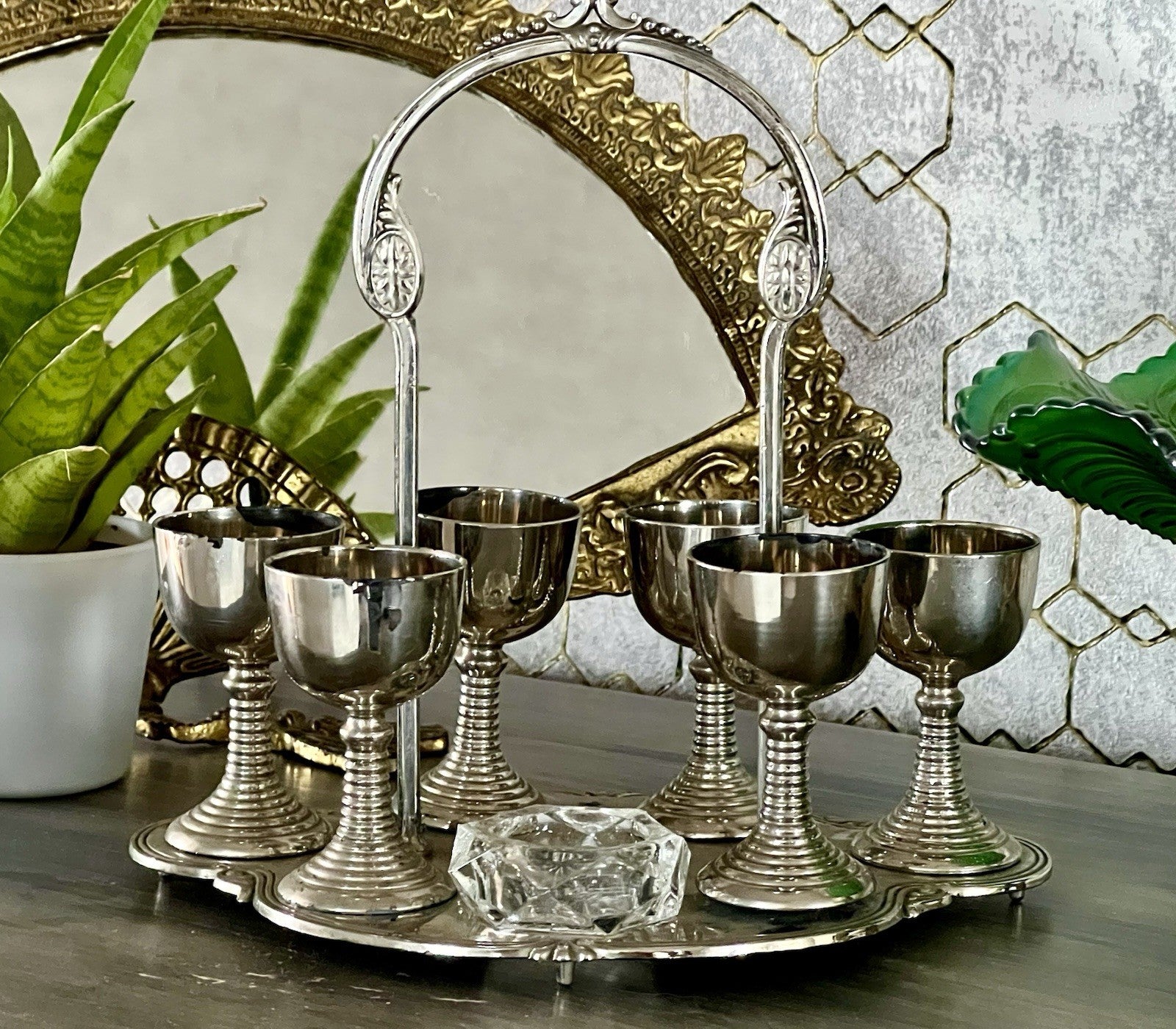 Antik Menage Eiermenage Frühstück Metallmontur Glaseinsatz 6 Eierbecher