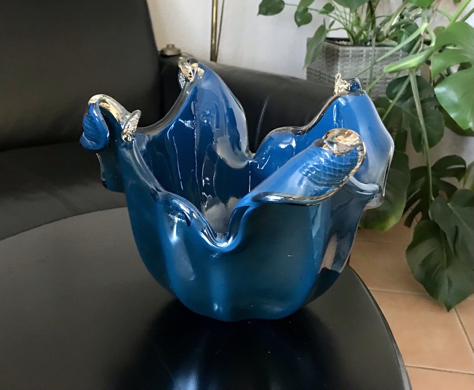 Vintage Murano Schale Vase Glas Petrol Blau metallic irisierend Edel Aufkleber