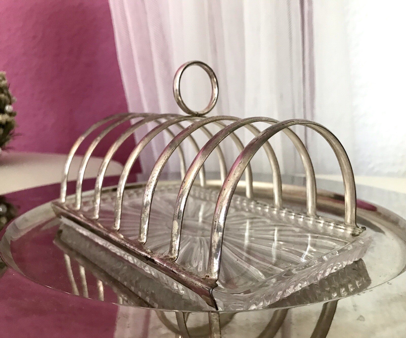 Vintage Toastbrot Ständer Halter versilbert Glaseinsatz Kristallglas 60er Jahre