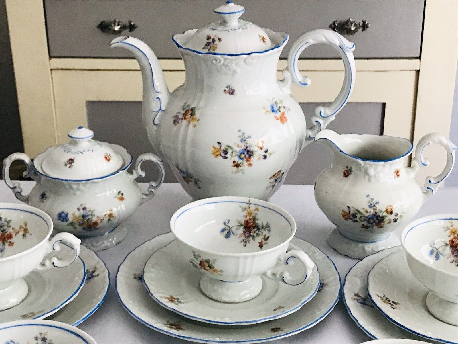 Antik spätes Art Déco Porzellan Kaffeeservice Stadtlengsfeld Rhön 1949-52