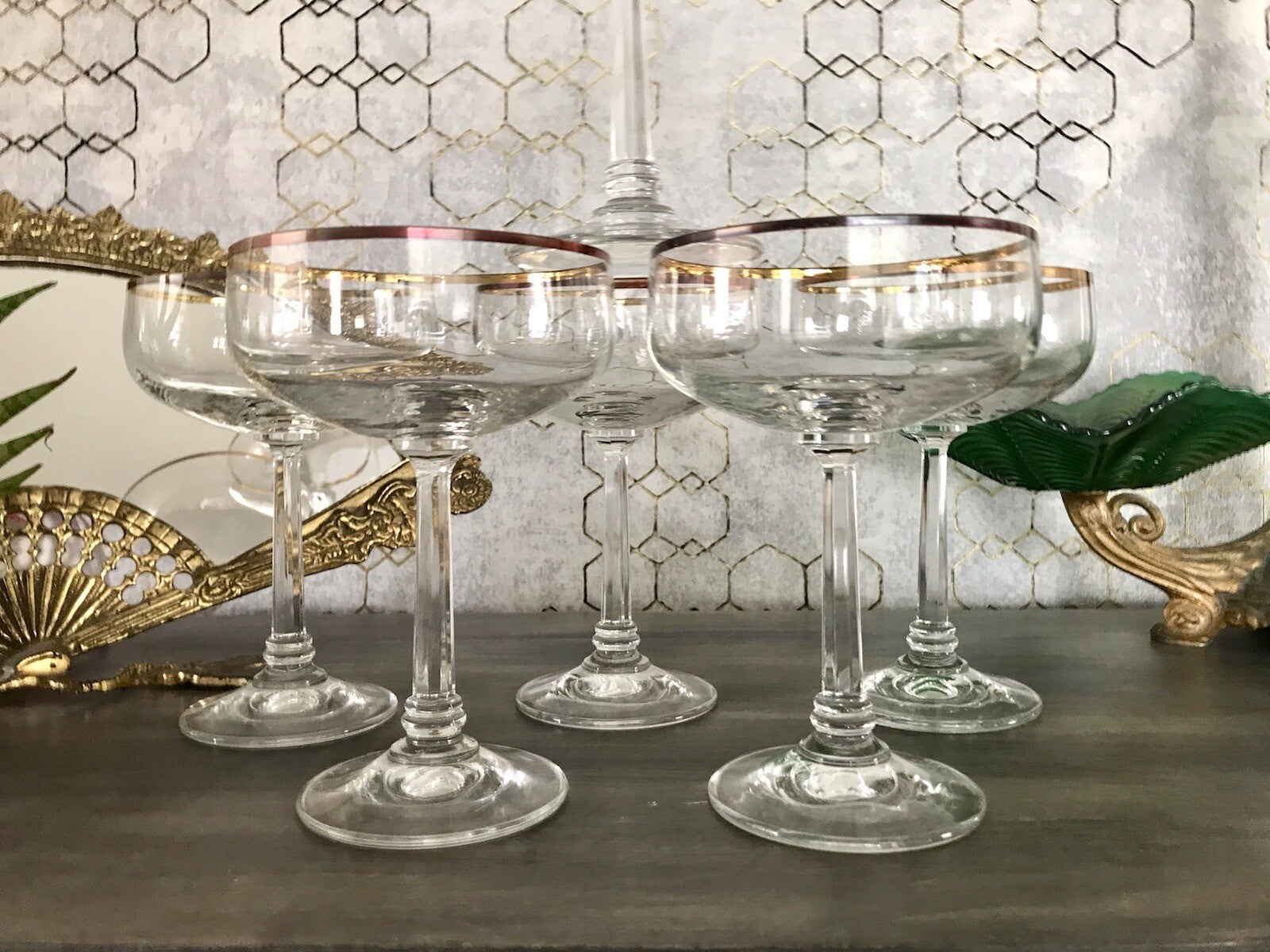 Antik? Art Déco 6 x Champagnerschalen Sekt Gläser Goldrand Lausitzer? Crystal