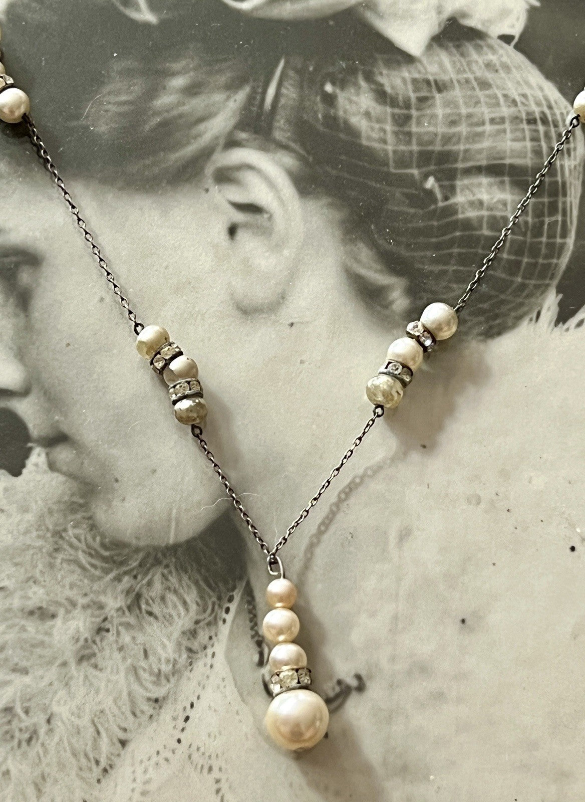 Vintage Antik? 835 Silber Collier Halskette Perlen Strass/ Steine?