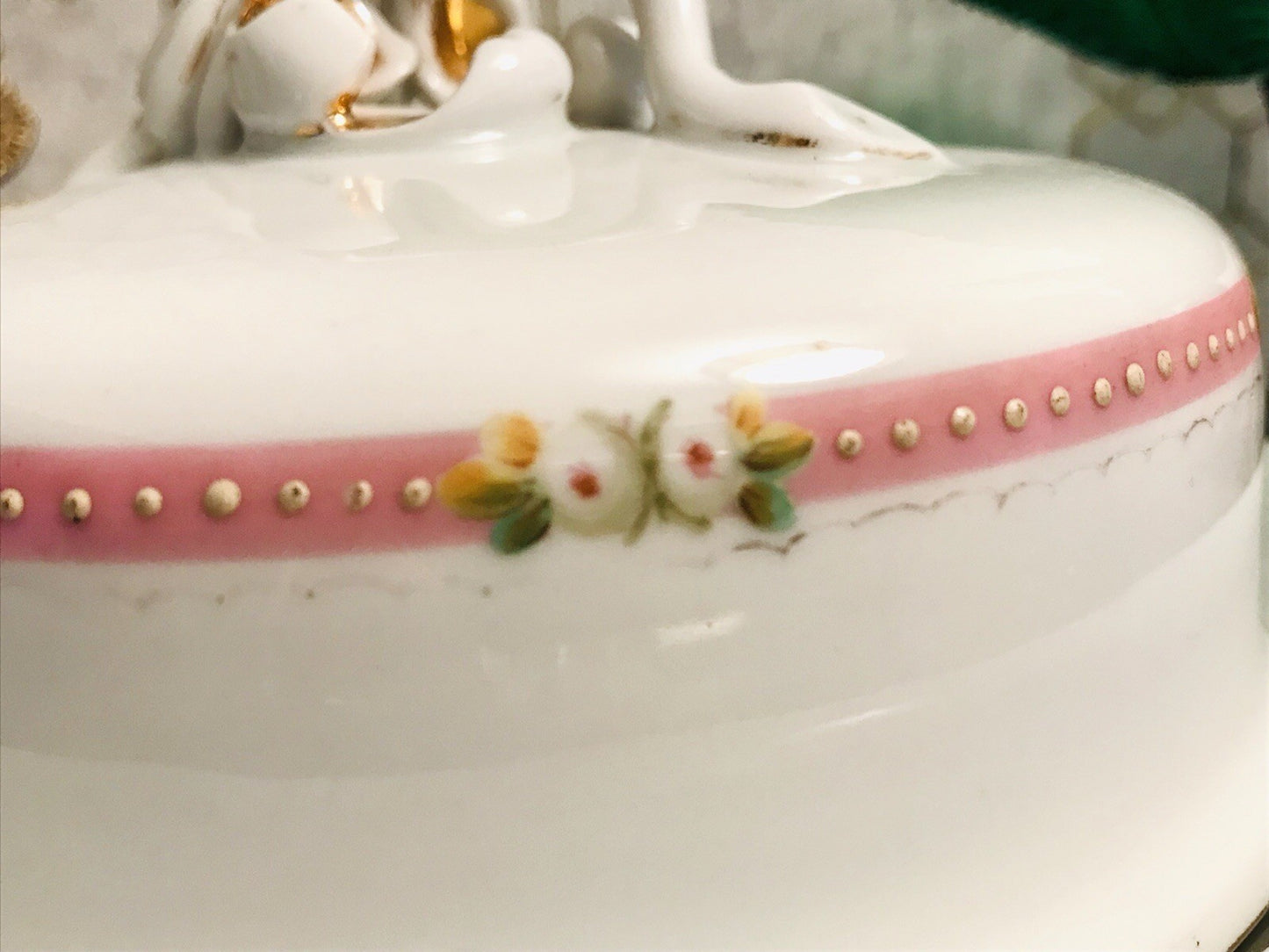 Antik Biedermeier Porzellan Butterdose Dose Handbemalung weiß rosa gold