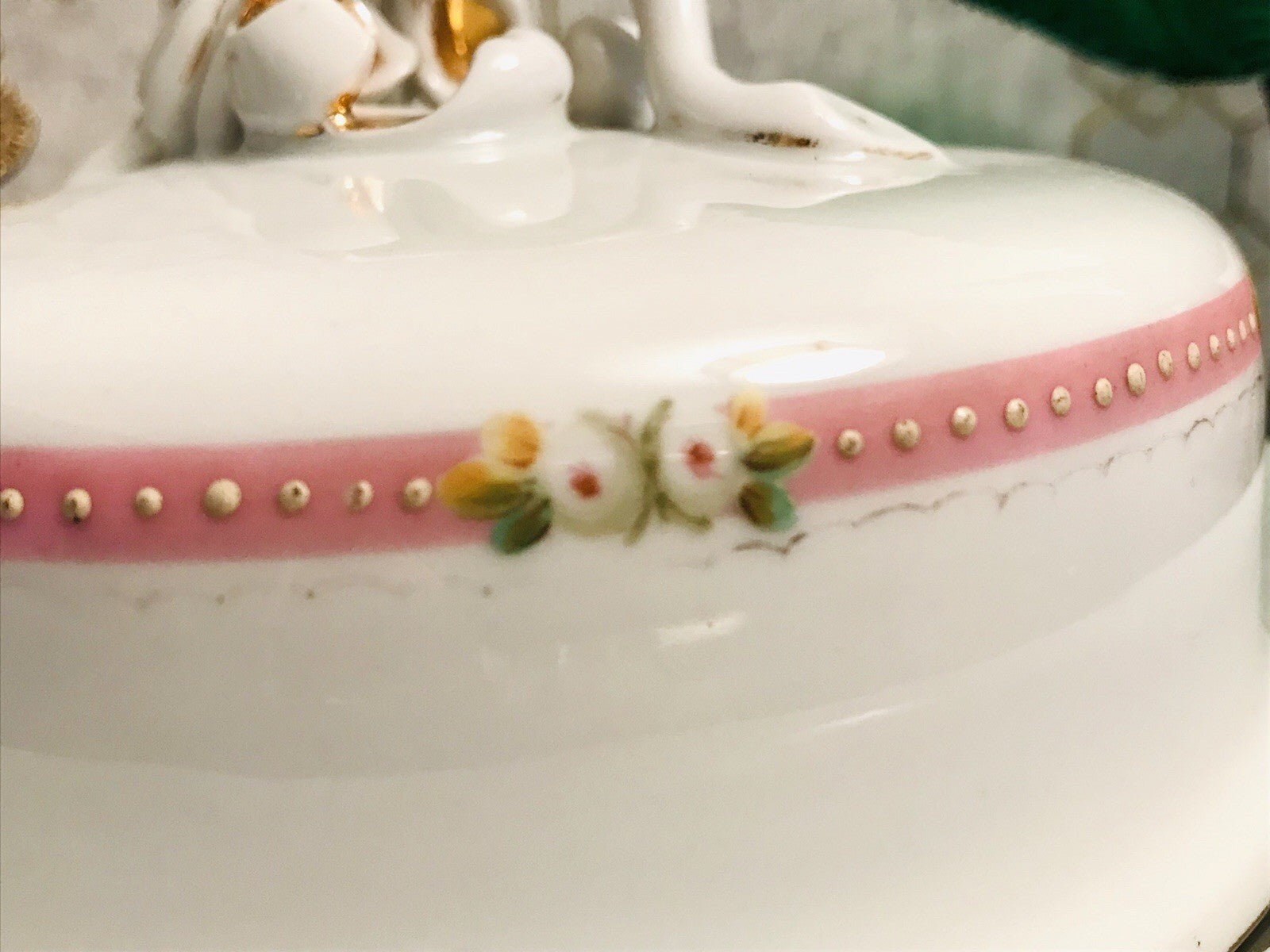Antik Biedermeier Porzellan Butterdose Dose Handbemalung weiß rosa gold