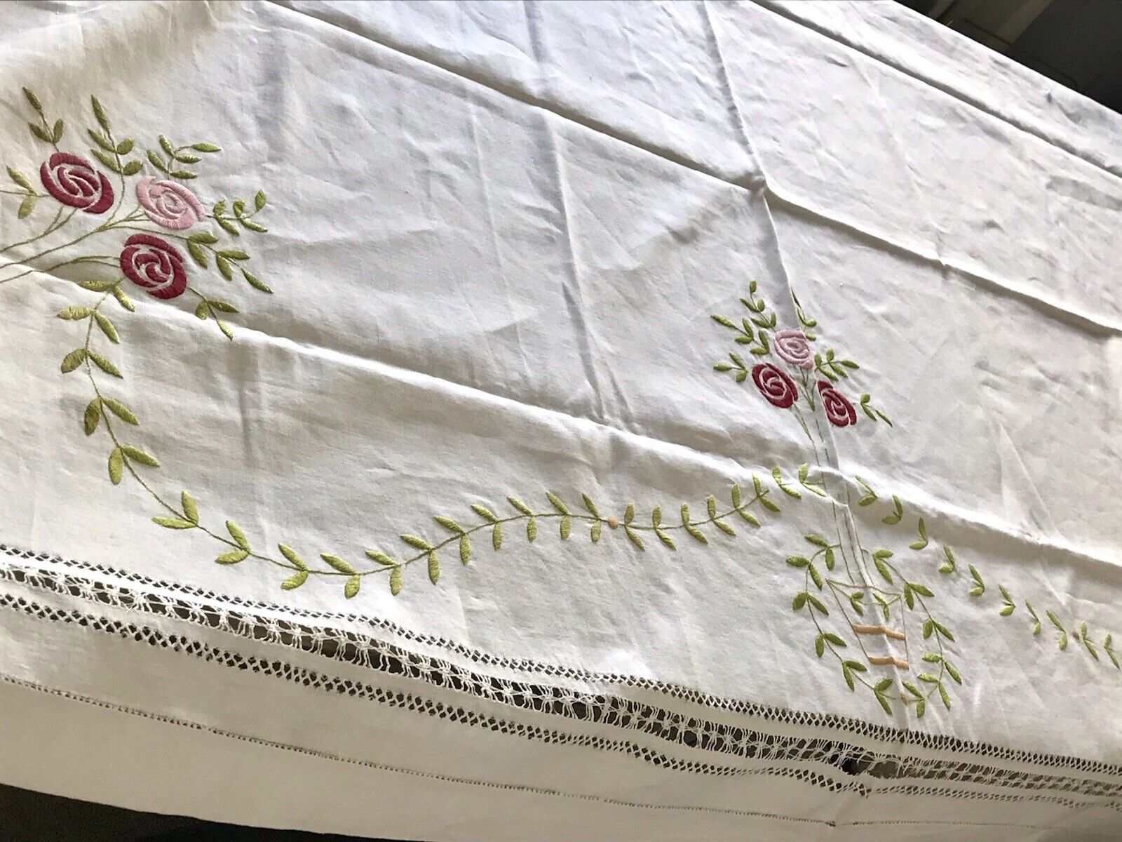 Antik Leinen Jugendstil Tischdecke natur bunt Rosen Stickerei 136 cm x 205 cm