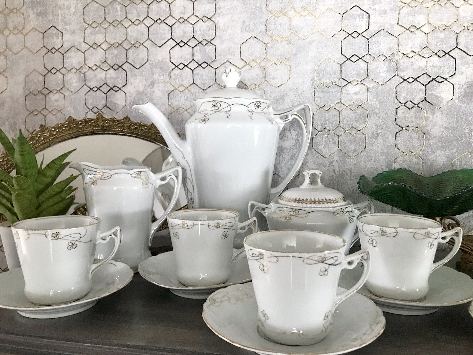 Antik reines Jugendstil Porzellan Kaffeeservice weiß gold 5 Pers. WOW!