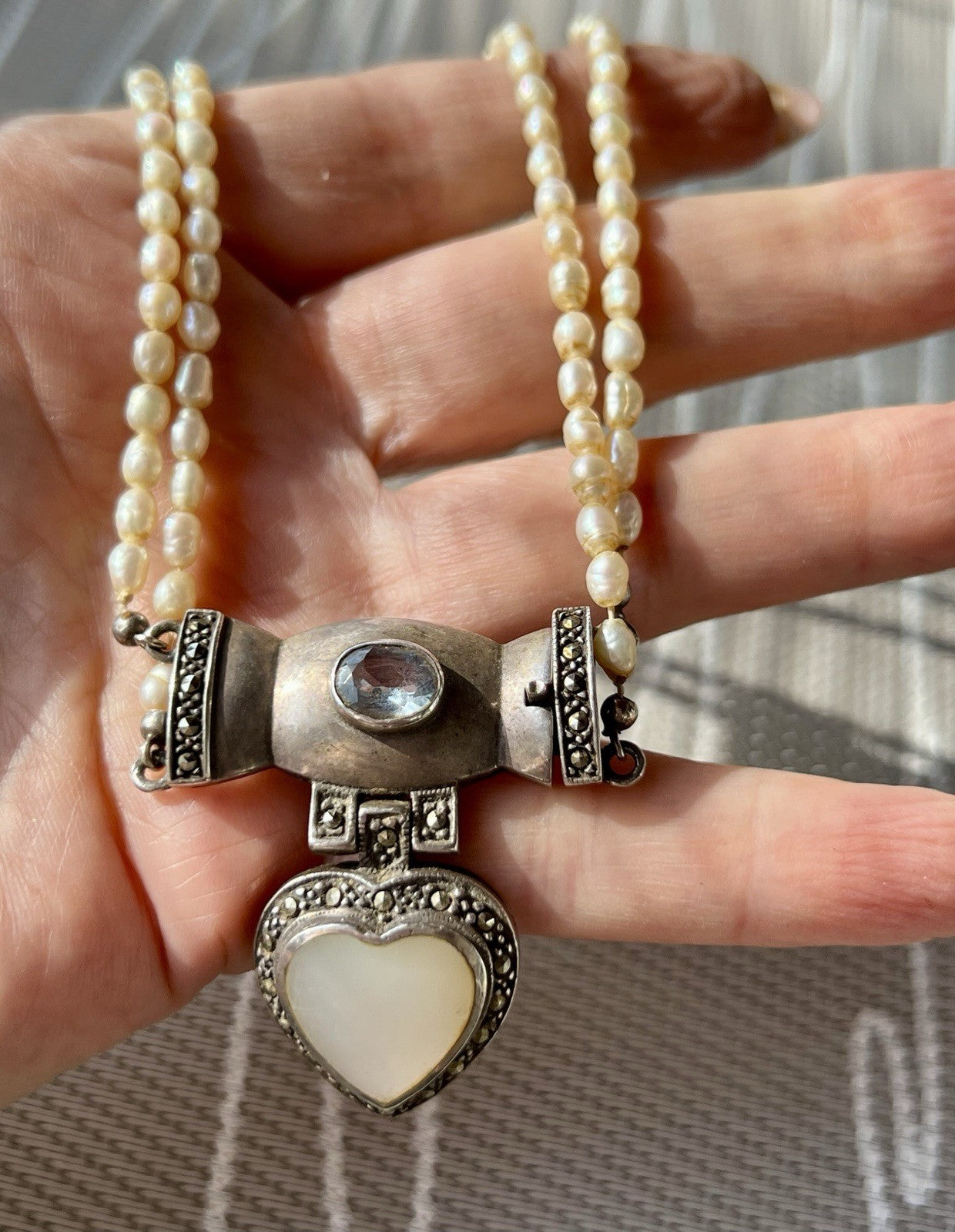 Antik  Jugendstil Silber Collier Perlen Halskette Herz Markasite blauer Stein