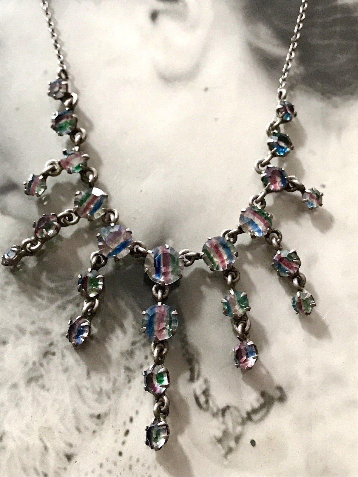 Antik Edel Art Déco 925 Silber Collier Halskette Rheinkiesel
