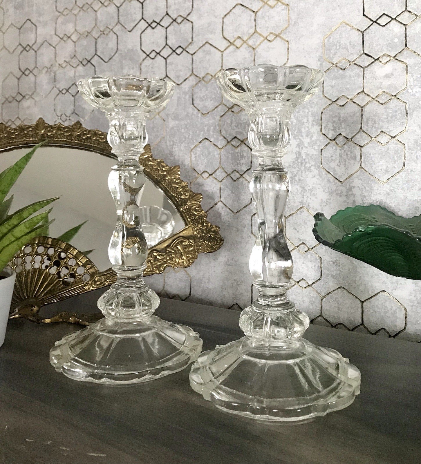 Antik Art Déco 2x Kerzenleuchter Leuchter Kerzenständer Pressglas Glas