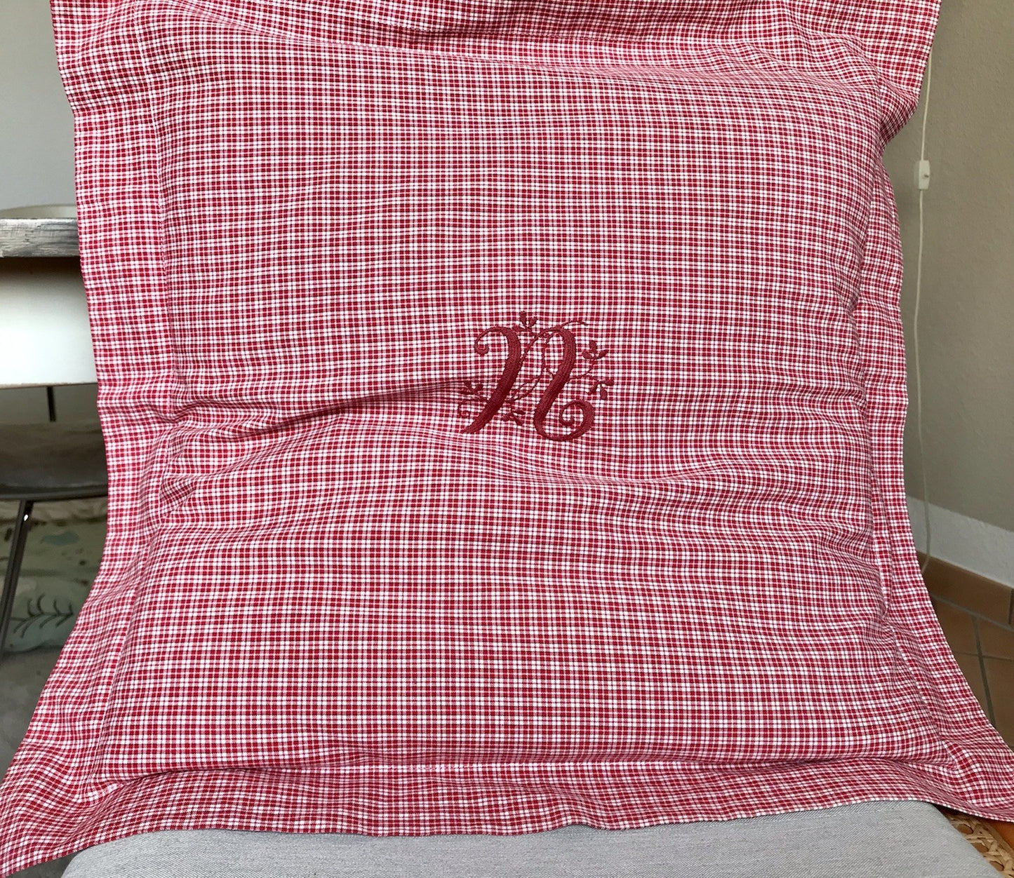Antik? Vintage Alt Kopfkissen Bezug Baumwolle Monogramm N Stehsaum rot kariert