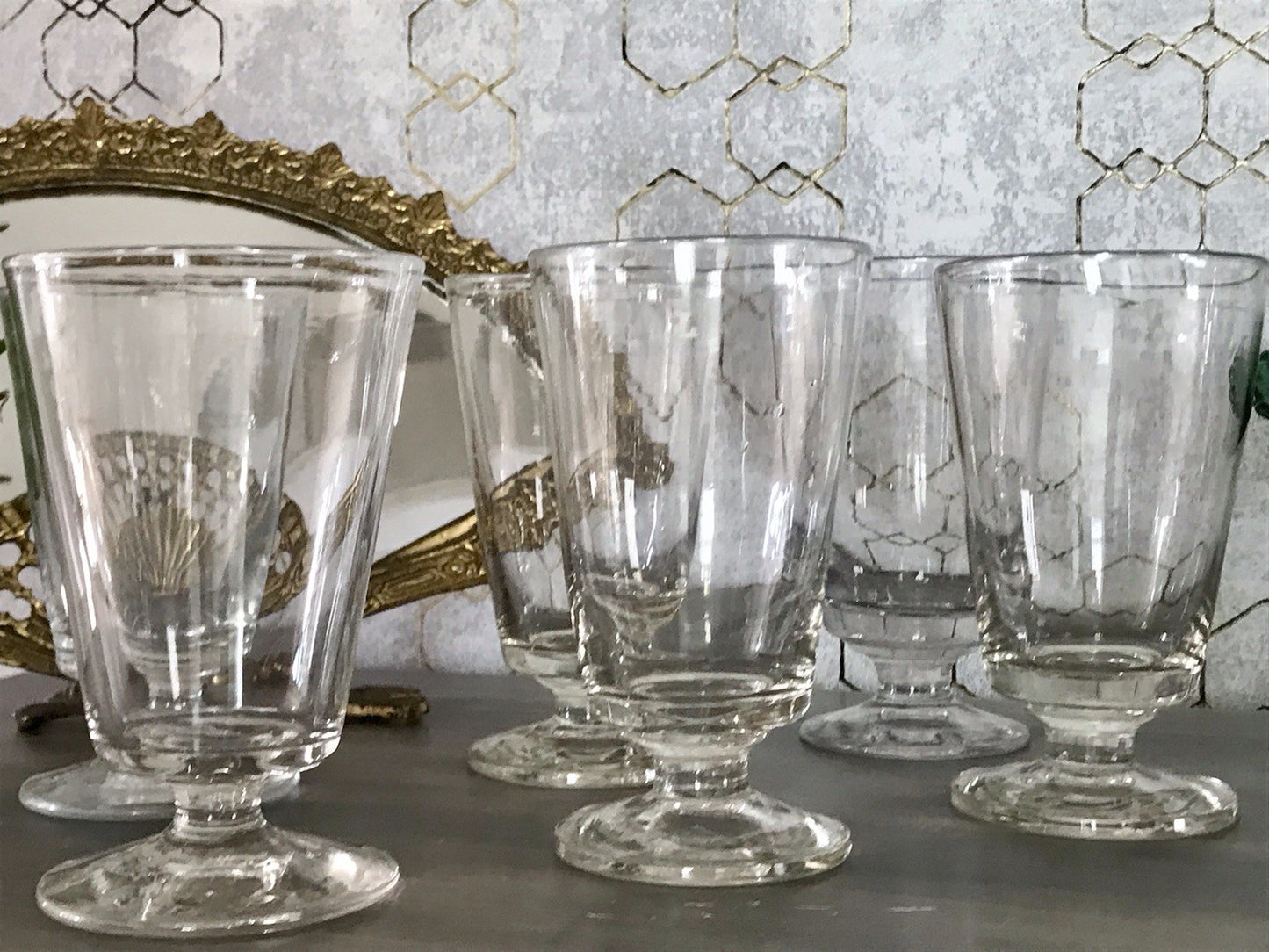 Antik 6 Fußbecher Becher Weinglas Pokalglas Glas ~ 1900 Eichstrich mundgeblasen