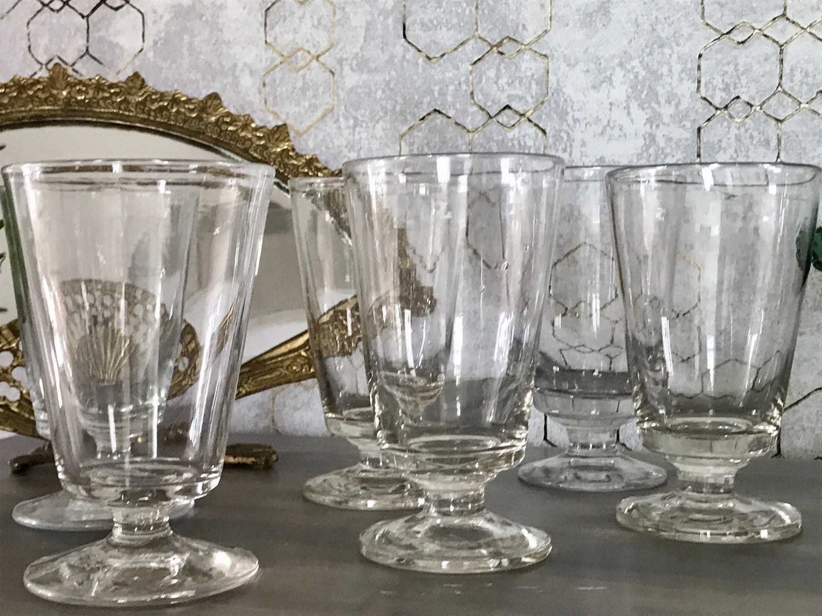 Antik 6 Fußbecher Becher Weinglas Pokalglas Glas ~ 1900 Eichstrich mundgeblasen