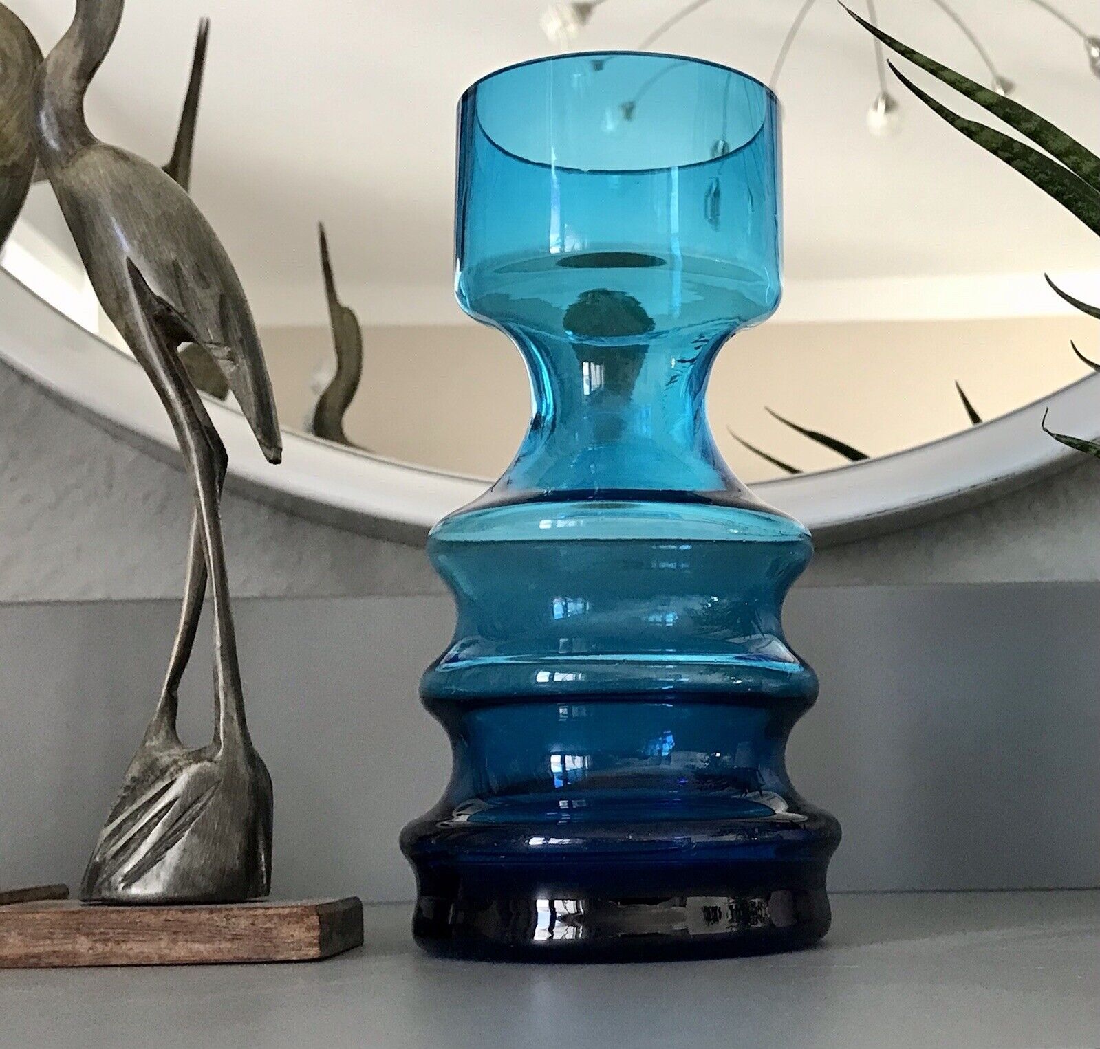 Vintage MCM 60er 70er Jahre blau Glas Kerzenständer Vase  Blumenvase  Glasvase