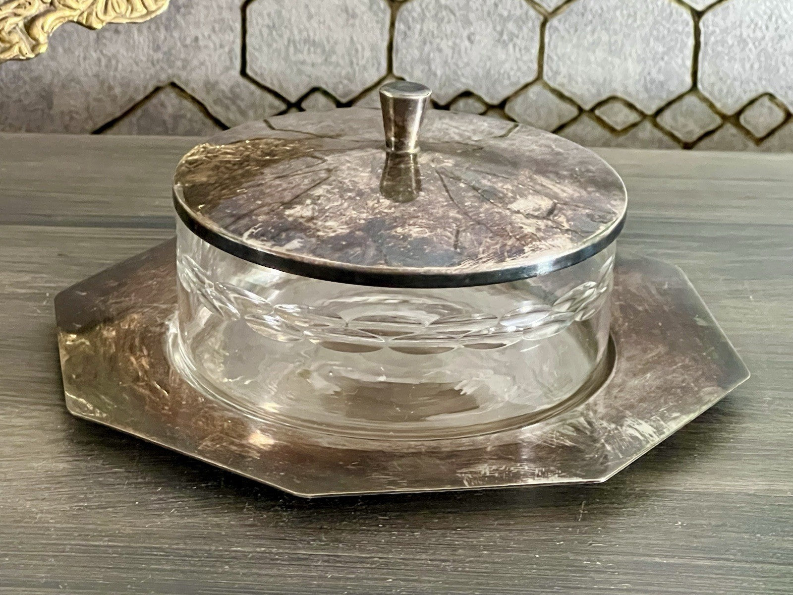 Antik WMF Art Déco Butterdose Dose versilbert Deckeldose Glaseinsatz geschliffen