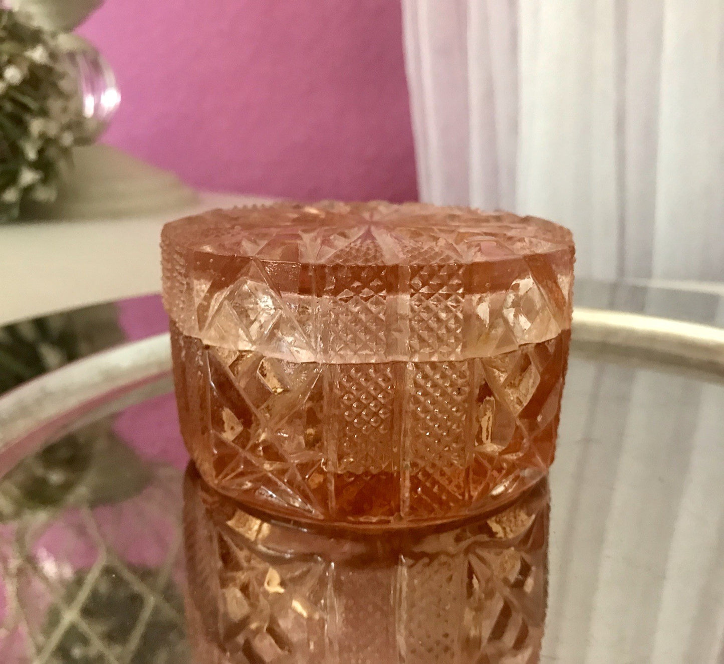 Antik Art Déco Dose Deckeldose Zierdose Pressglas Rosalin rosa Glas