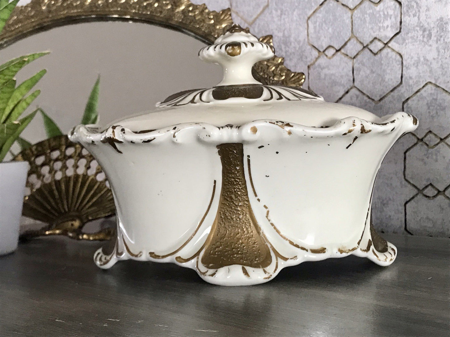 Antik Art Déco Porzellan Dose Deckeldose Schatulle Bonboniere Neu-Tettau 1930