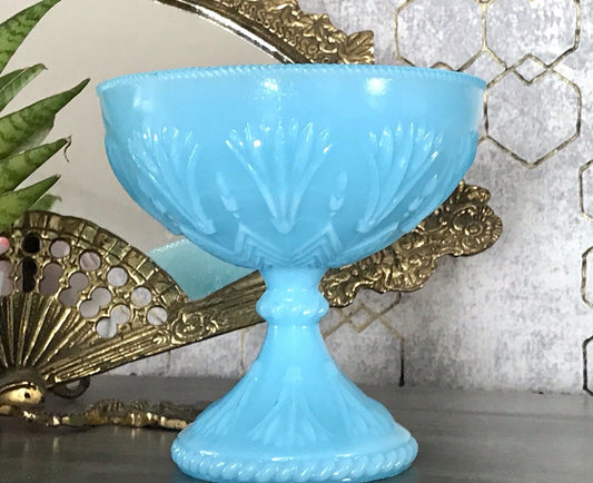 Antik Jugendstil Art Déco Pressglas Schale Fußschale Zuckerschale blau türkis