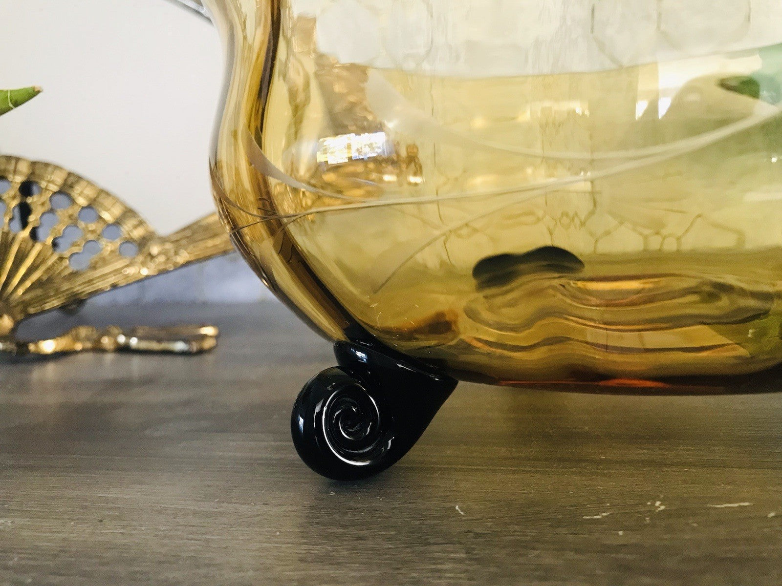 Antik Art Déco Schale Glasschale Bernstein Gelb schwarz Glas gerippt & Schliff