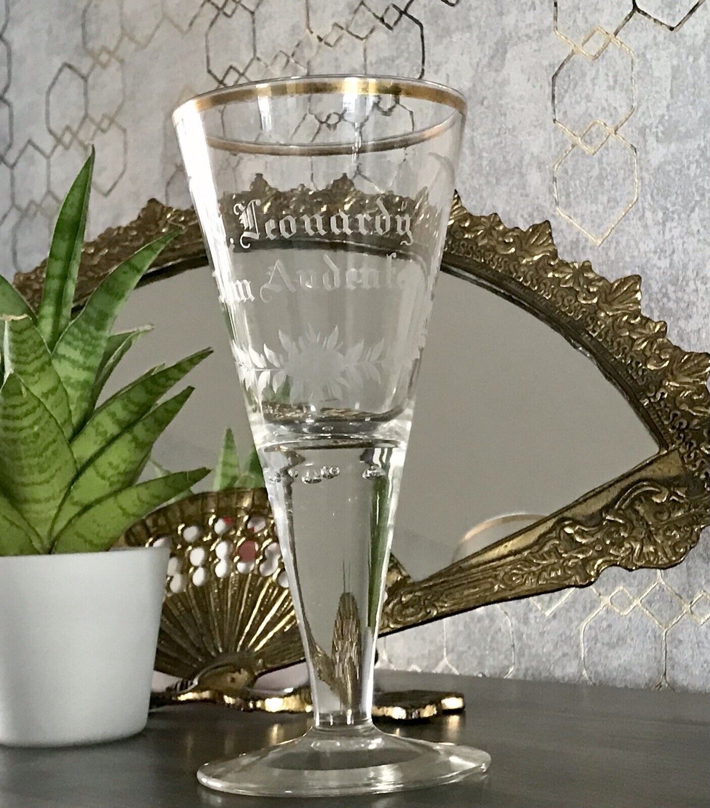 Antik Adenkenglas Glas Fußbecher Pokal Kelchglas Zum Andenken Leonardy Luftblase