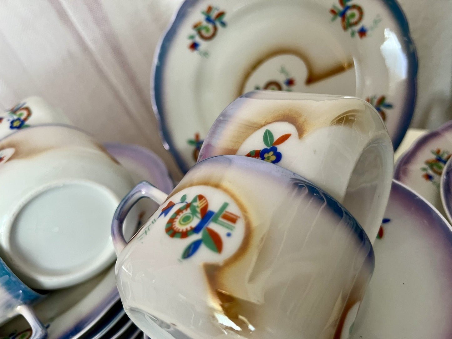 Antik Art Déco Porzellan Kaffeeservice Spritzdekor Teeservice 9 Pers. plus