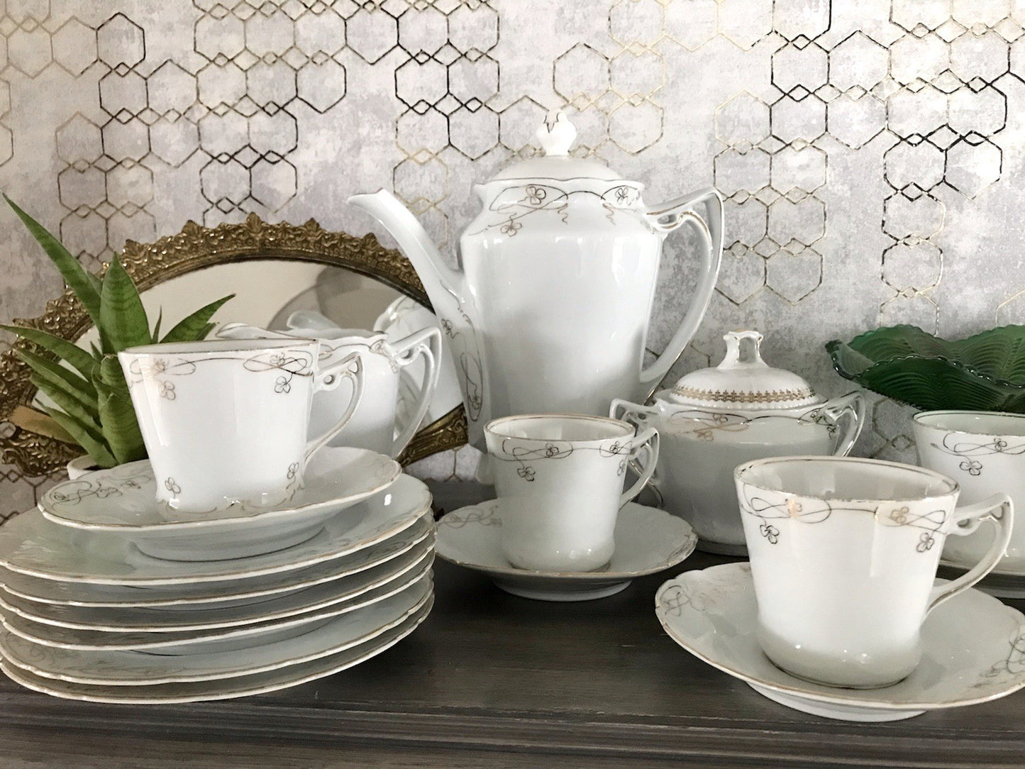 Antik reines Jugendstil Porzellan Kaffeeservice weiß gold 5 Pers. WOW!