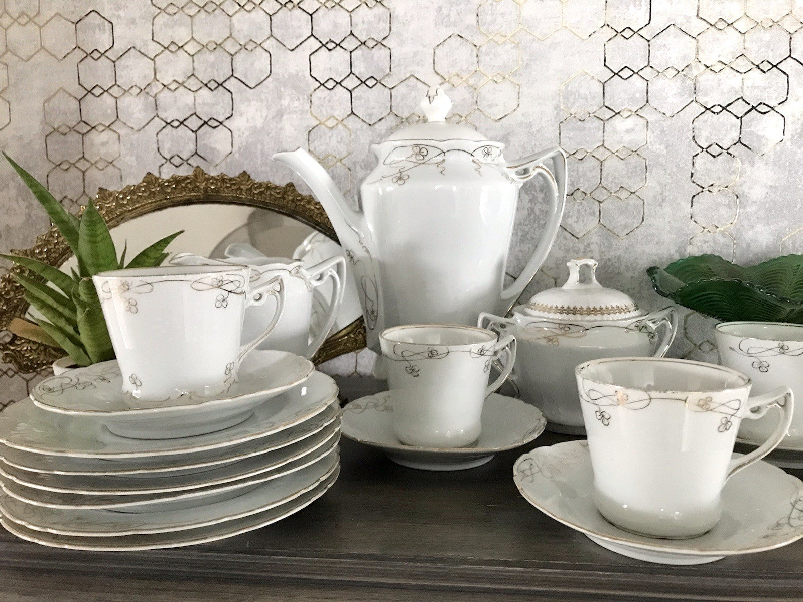 Antik reines Jugendstil Porzellan Kaffeeservice weiß gold 5 Pers. WOW!