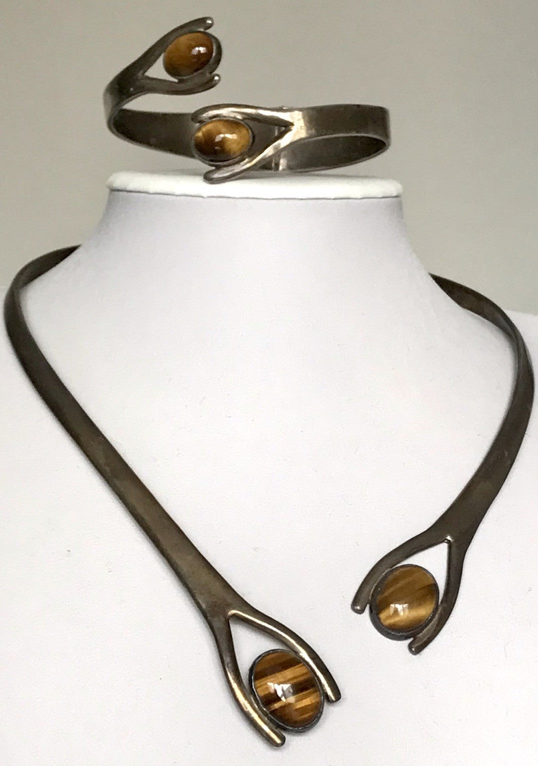 Vintage Set Halsreif Armspange Armband Collier 925 Silber Halskette Tigerauge