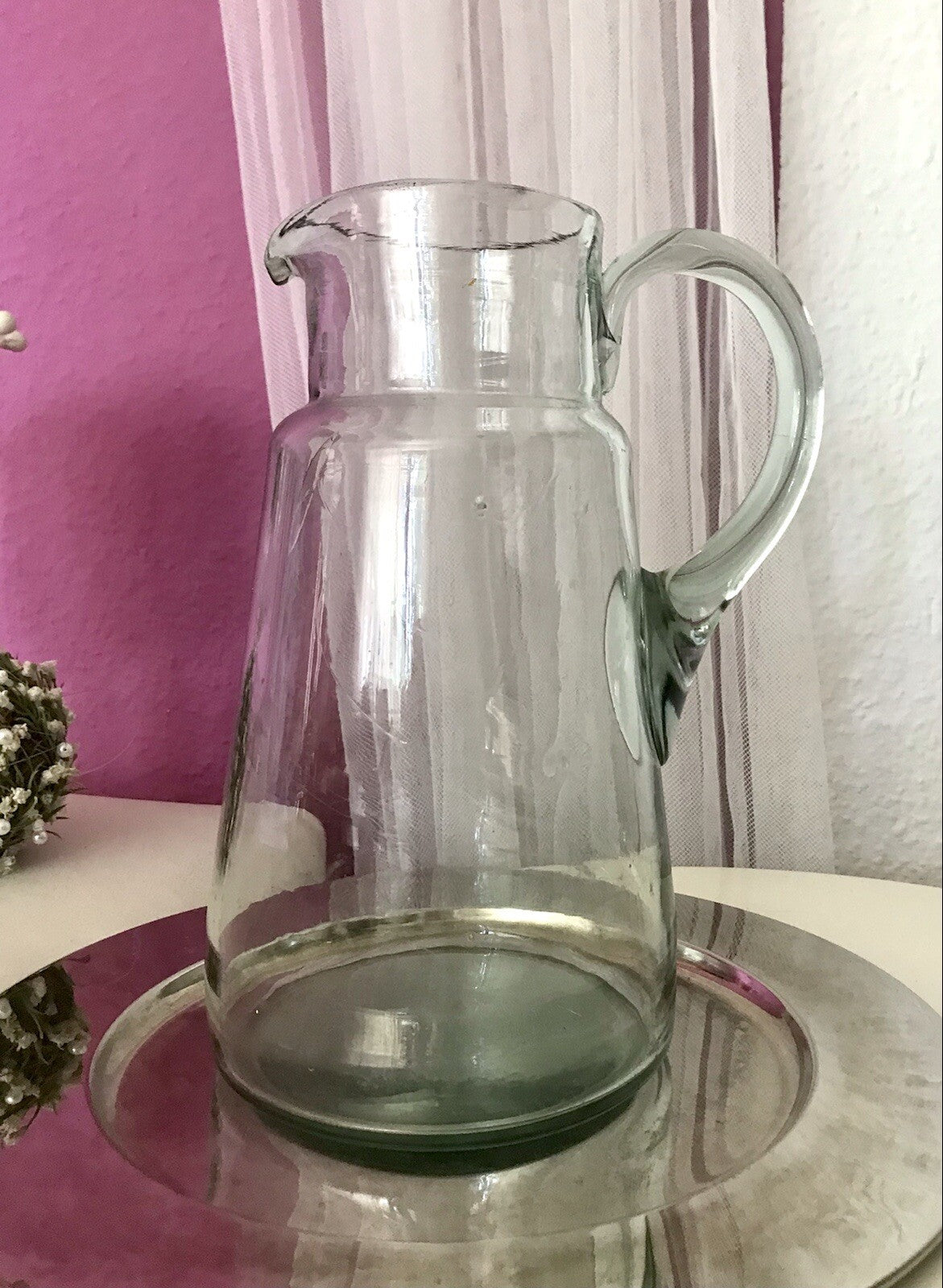 Antik groß Krug Glas Karaffe Kanne Wasserkrug Glas mundgeblasen light türkis