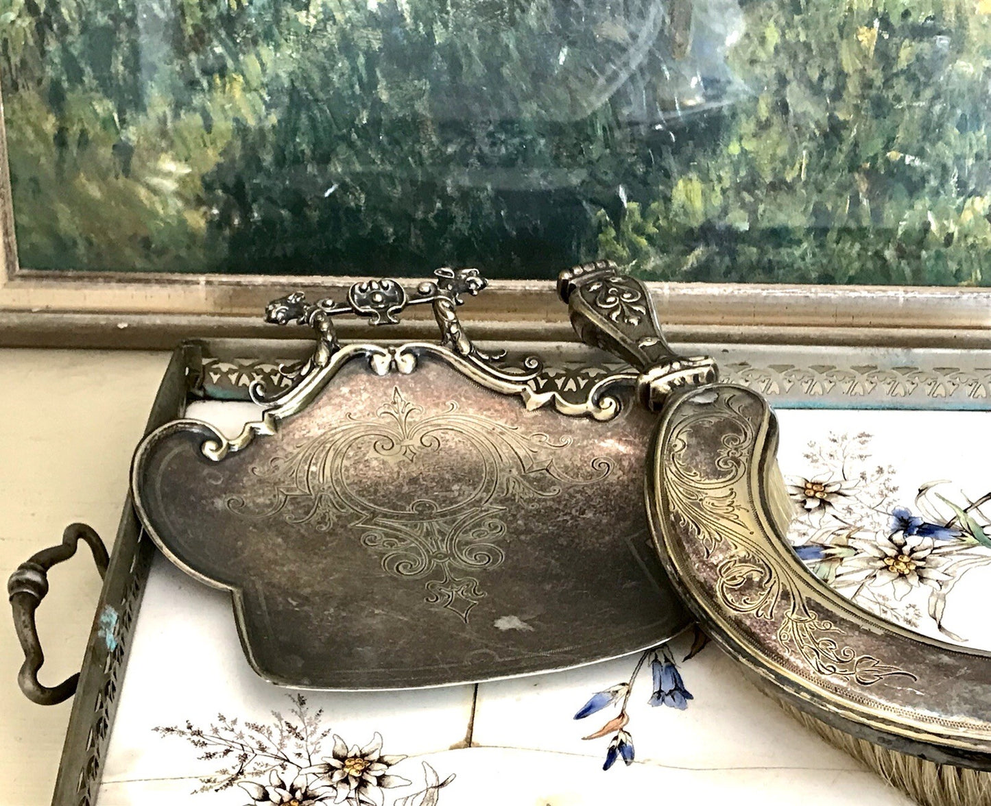 Antik versilbert Jugendstil Tischkehrset Tischkehrer Tisch Krümmelkehrer