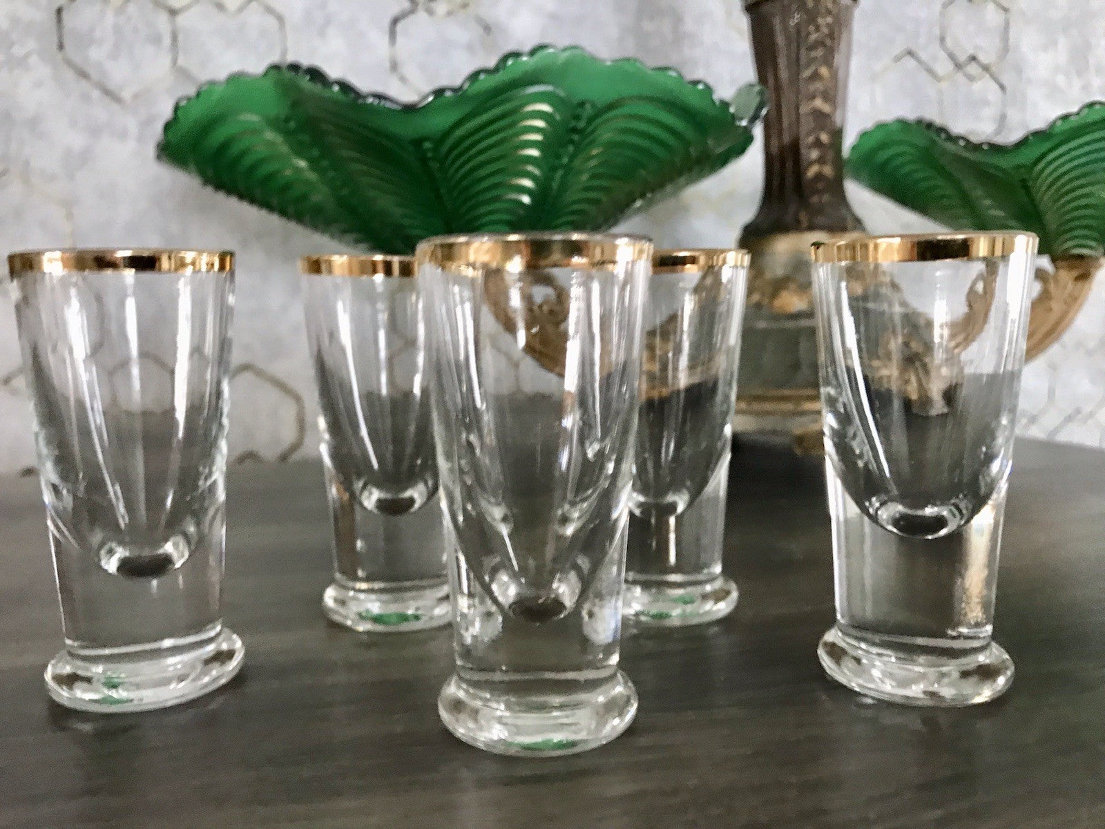 Antik 5 Pinnchen Schnapsgläser Golddekor Glas Biedermeier Likörgläser