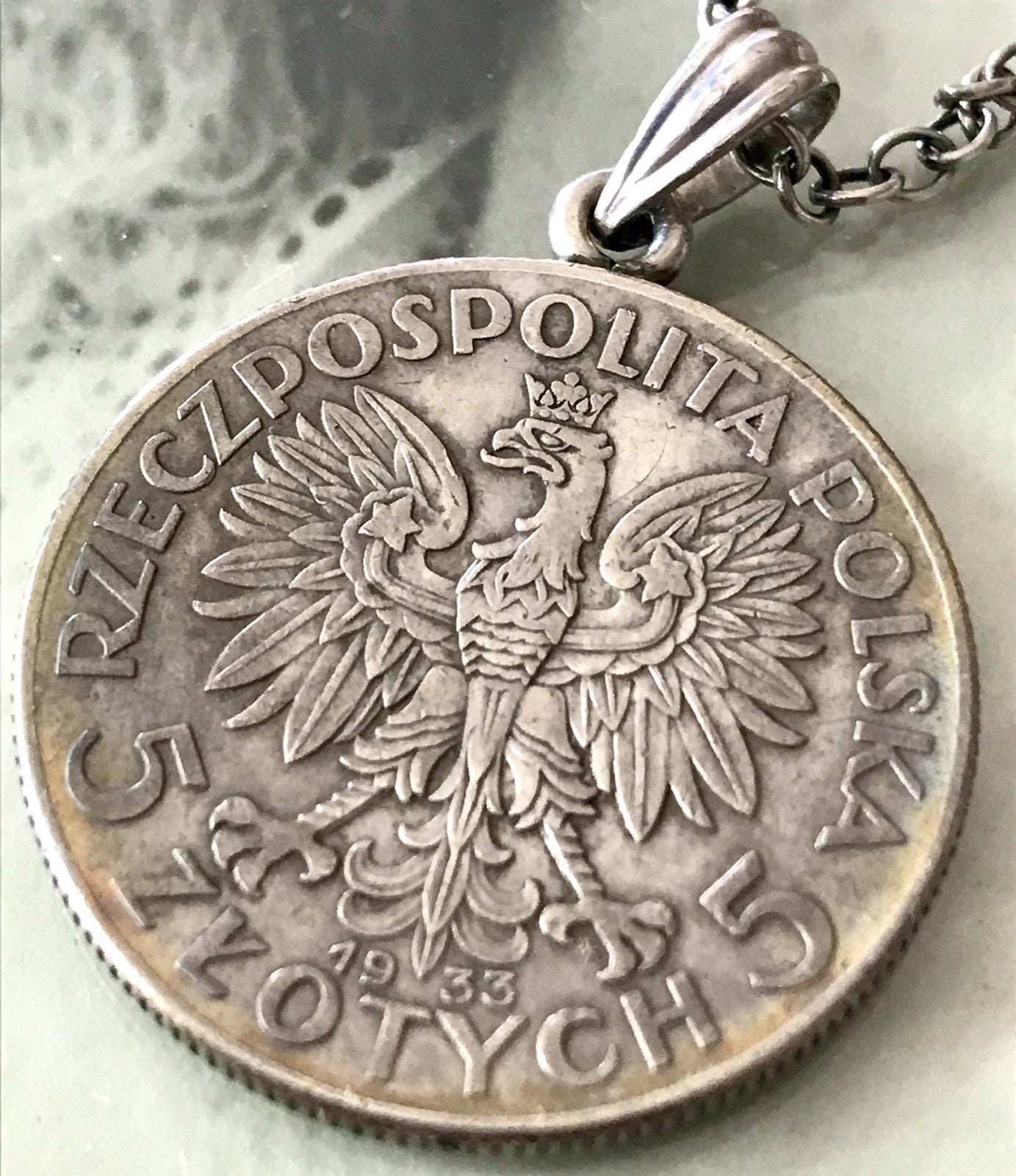 Antik Halskette Münze Jadwiga Polen 1933 Anhänger Kettenanhänger Silber 835
