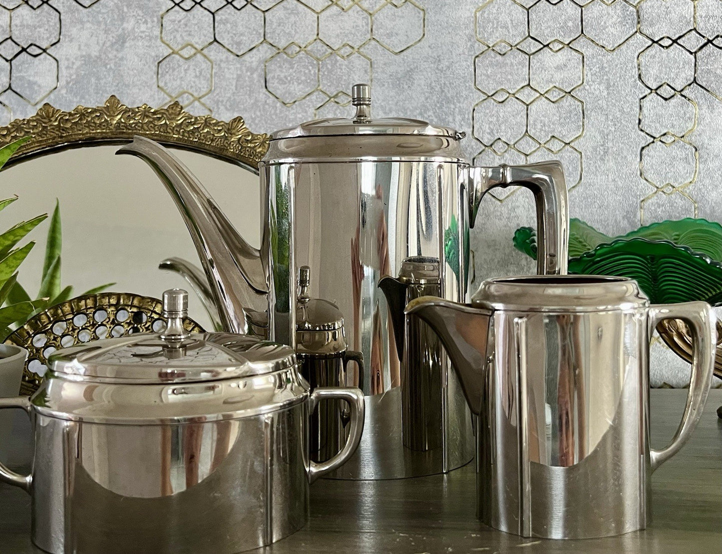 Antik Jugendstil Kaffee Kernstück Zuckerdose Rahmgießer Kanne vernickelt?