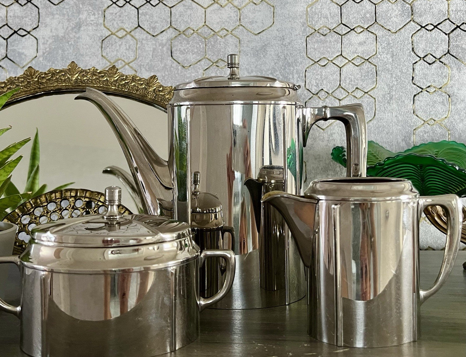 Antik Jugendstil Kaffee Kernstück Zuckerdose Rahmgießer Kanne vernickelt?