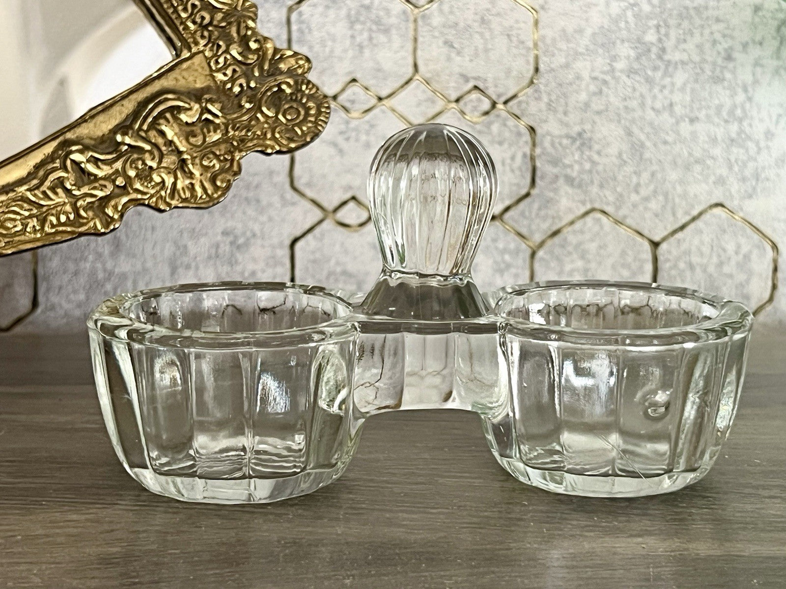 Antik Art Déco Pressglas Salz & Pfeffer Menage Saliere Gewürzständer Glas