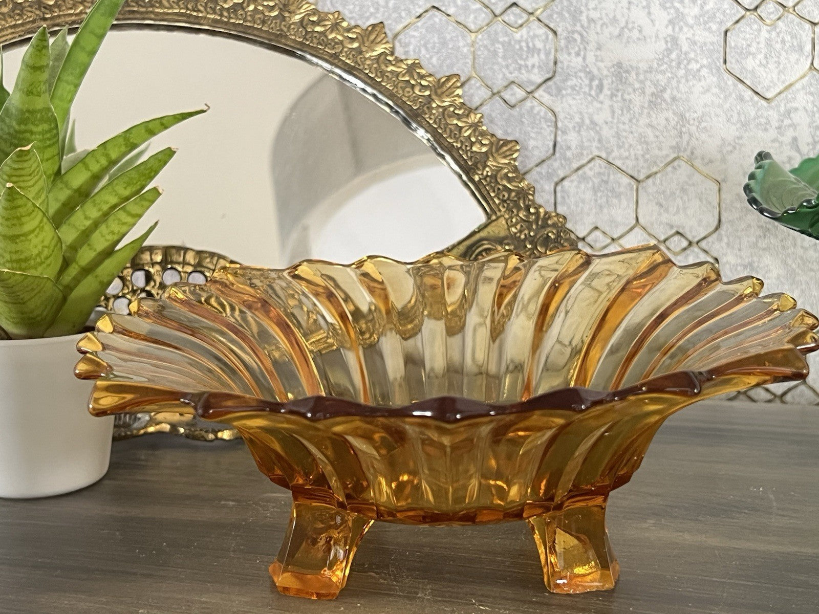 Antik Jardiniere Brockwitz Prismen Bernstein gelb Art Déco Schale Pressglas Glas
