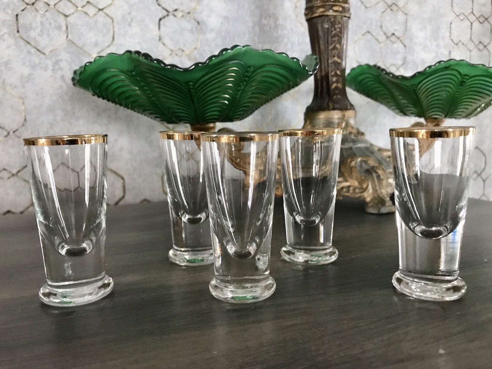 Antik 5 Pinnchen Schnapsgläser Golddekor Glas Biedermeier Likörgläser