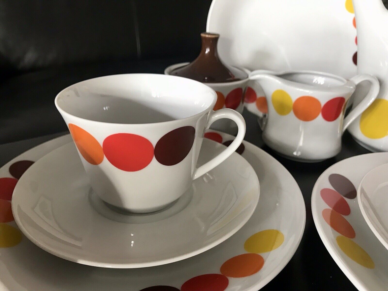 Alt Vintage 70er Seltmann Porzellan Kaffeeservice weiß bunte Kreise 6 Personen