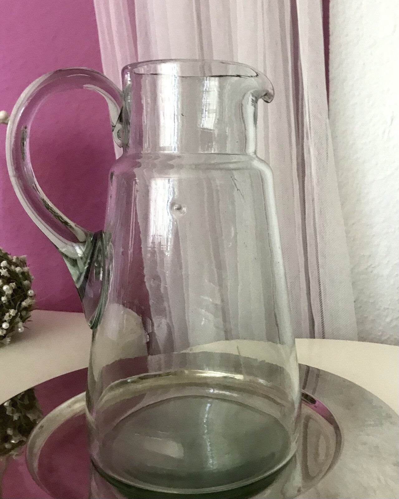 Antik groß Krug Glas Karaffe Kanne Wasserkrug Glas mundgeblasen light türkis