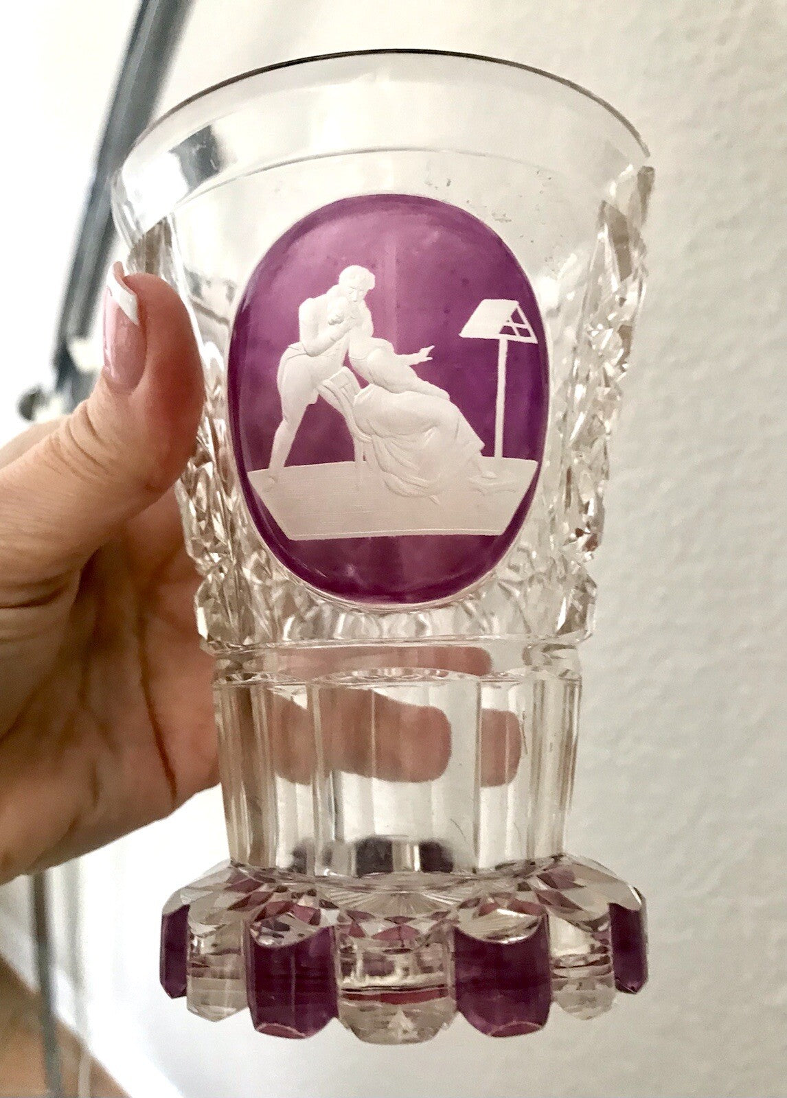 Antik ~1830 Fußbecher Ranftbecher Pokalglas Kristallglas Watteauszene Liebespaar