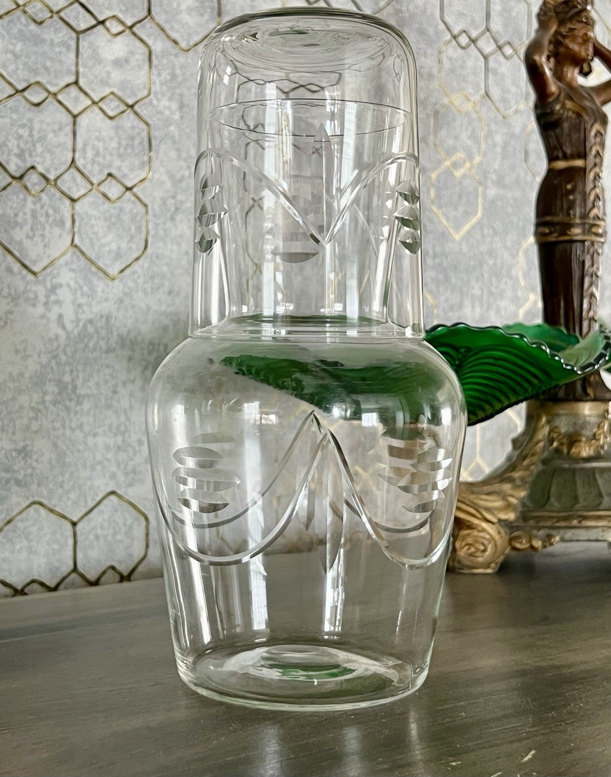 Antik Art Deco Sturzflasche Karaffe Dekanter & Becher Glas geschliffen