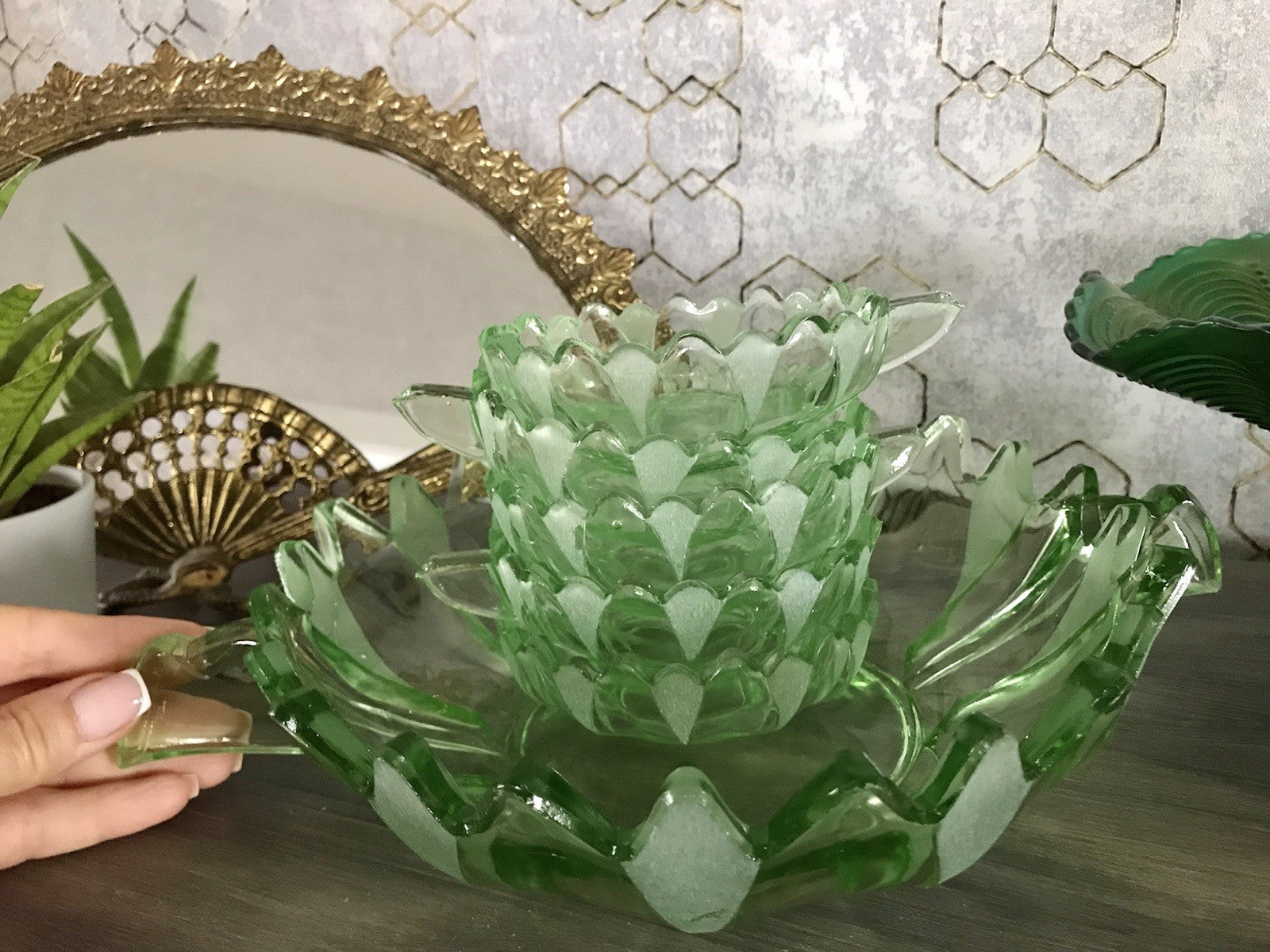 Antik Set grün Dessert Kompott Eis Schale 5x Schälchen Pressglas Art Déco Griffe