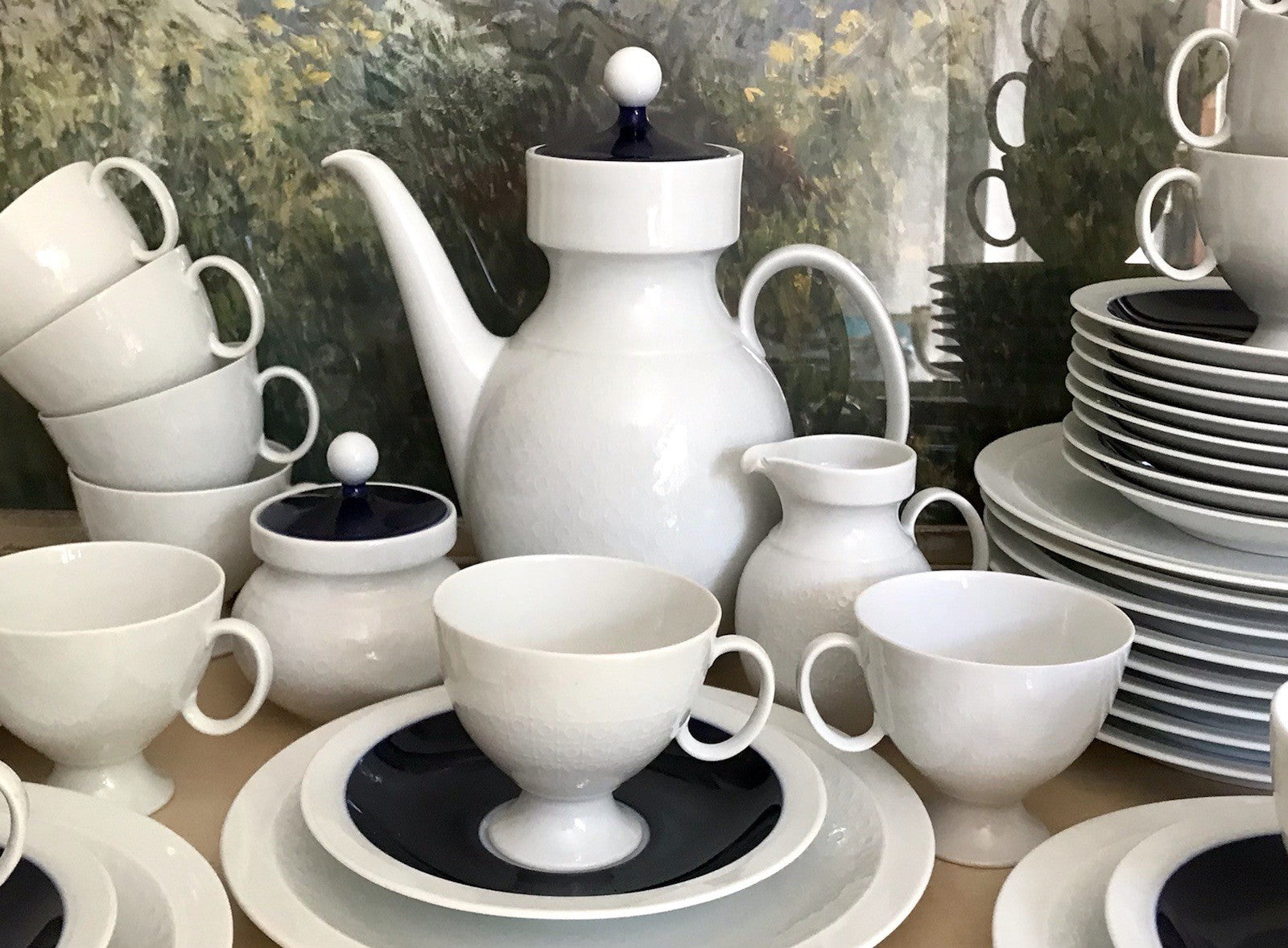Ak Kaiser Porzellan Kaffeeservice 12 Personen Design weiß kobaltblau mit Relief