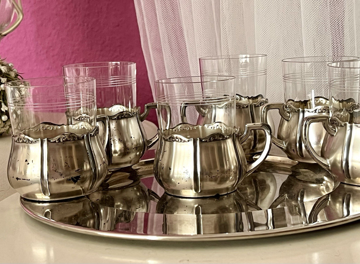 Antik WMF 6 Teeglashalter &6 Glaseinsätze Versilbert Art Déco  3x Straußenmarke
