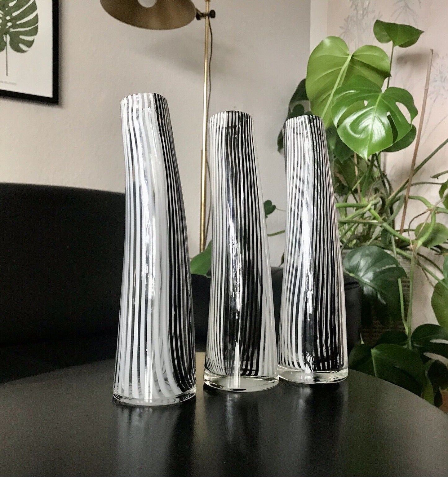 Vintage 3x Dino Martens Vase Glasvase Bianca Nero Streifen Glaskunst Murano