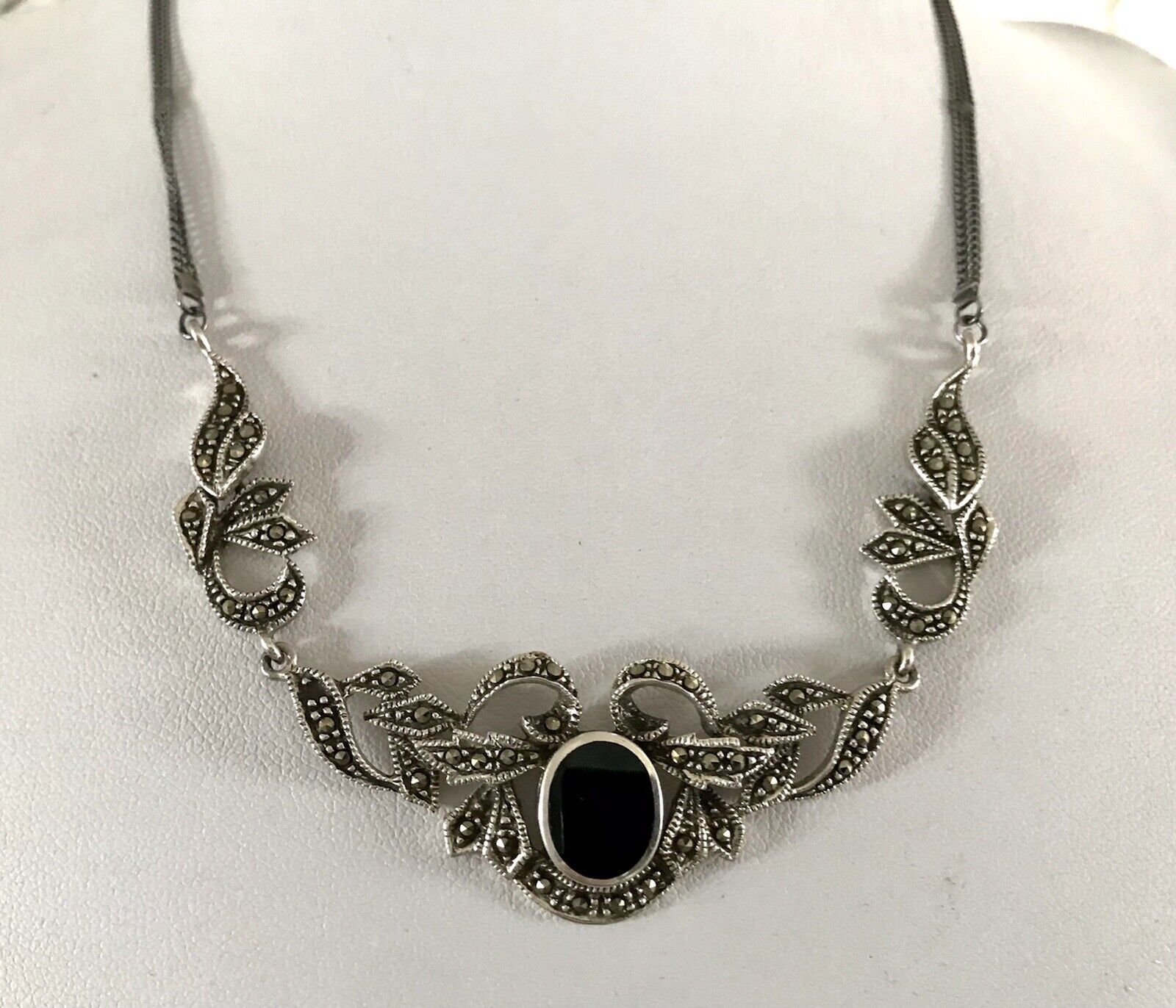 Antik Edel Jugendstil Art Déco 925 Silber Collier Halskette mit Onyx & Markasite