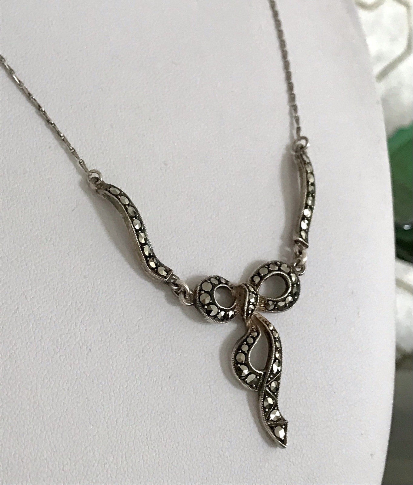 Antik Edel Jugendstil 835 Silber Collier Halskette Markasite Schleife